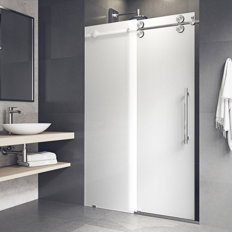 Frameless 60" Frosted Glass Sliding Shower Door with Brushed Stainless Steel Hardware
