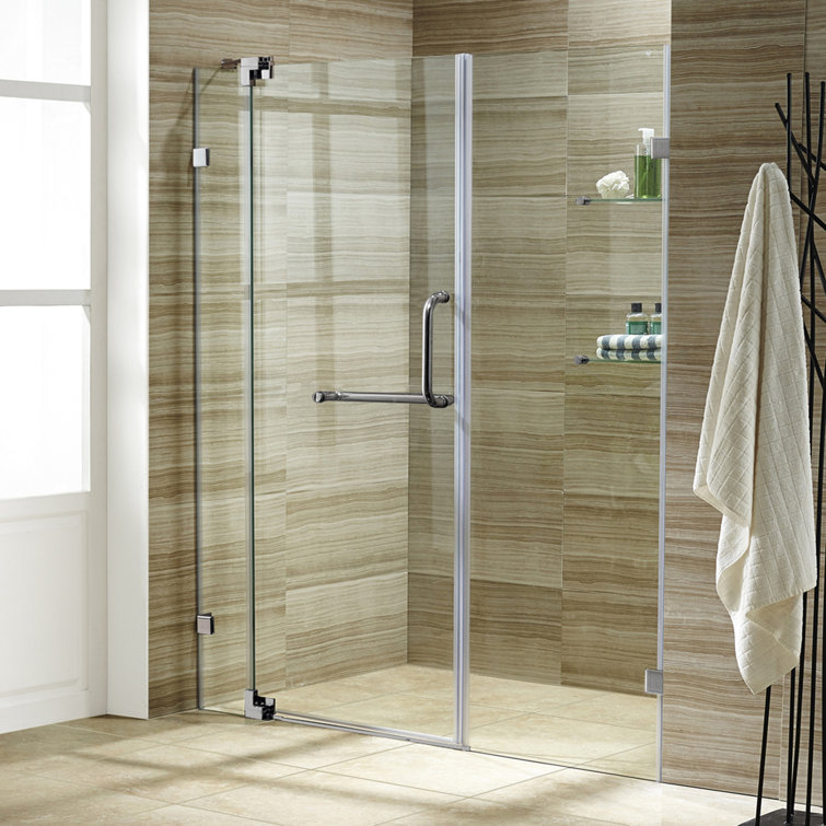 Pirouette 48" Frameless Clear Glass Pivot Shower Door with Black Hardware