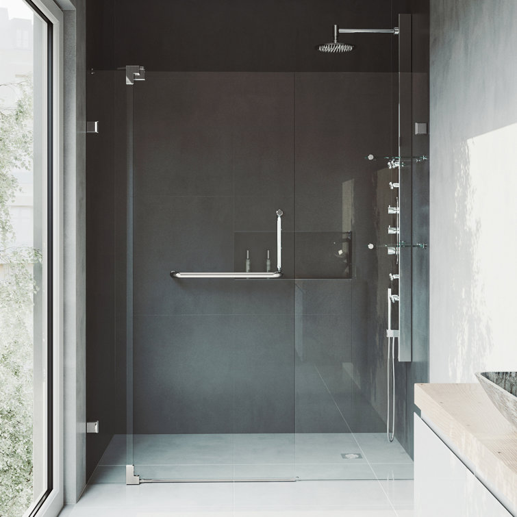Pirouette 48" Frameless Clear Glass Pivot Shower Door with Black Hardware