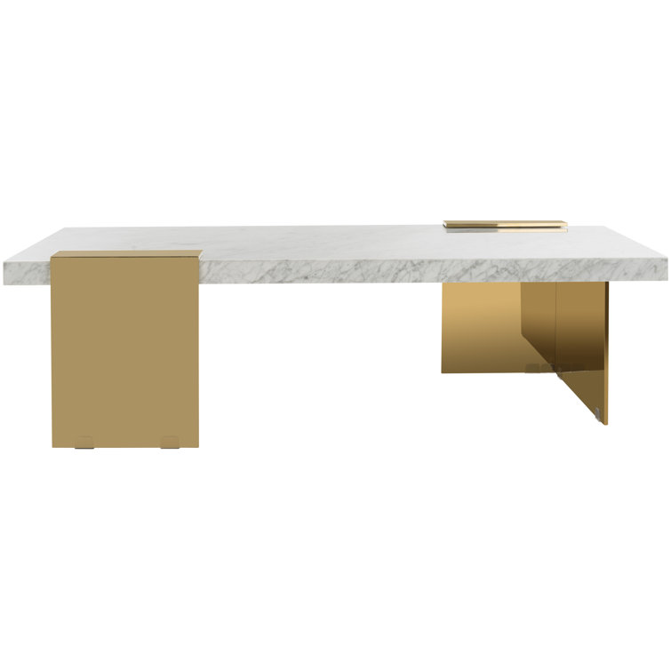 Mycha Luxurious White Marble and Brass Rectangular Coffee Table with Storage