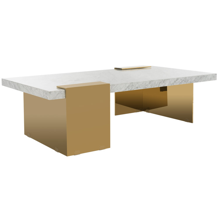 Mycha Luxurious White Marble and Brass Rectangular Coffee Table with Storage