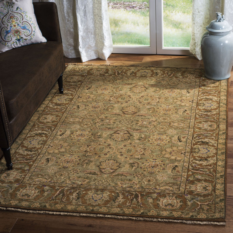 Hand-Knotted Light Green and Gold Wool Runner Rug