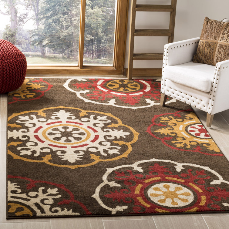 Brown and Red Floral Synthetic Rectangular Rug, 5'1" x 7'6"