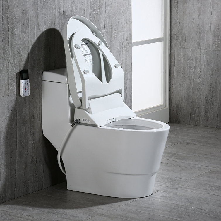White Porcelain Elongated One-Piece Dual Flush Toilet with Smart Bidet