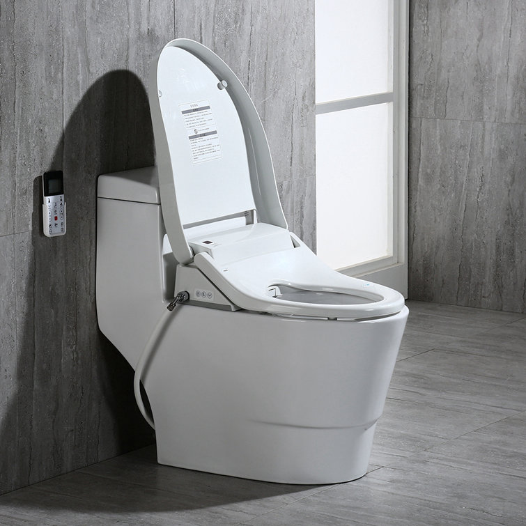 White Porcelain Elongated One-Piece Dual Flush Toilet with Smart Bidet