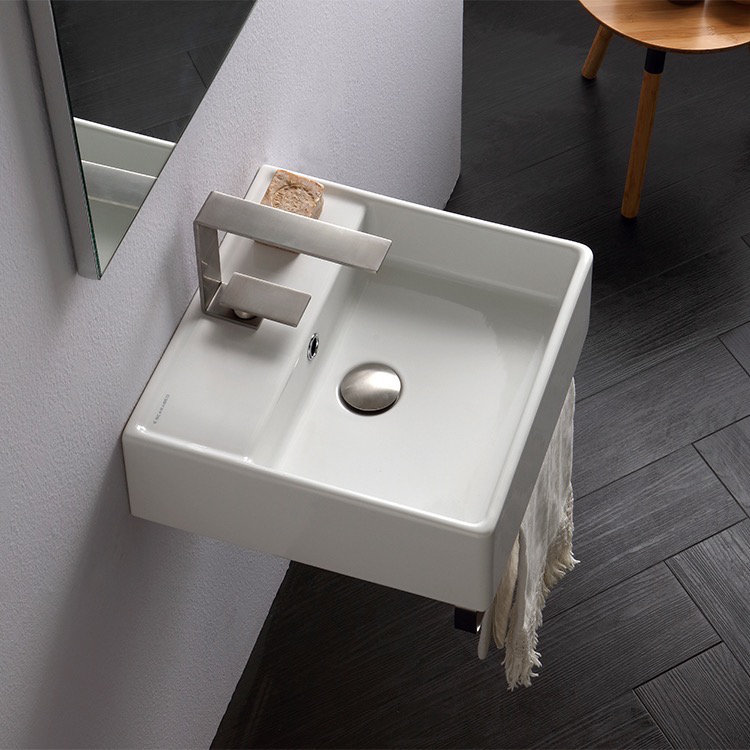 Teorema White Ceramic Rectangular Wall-Mount Bathroom Sink with Towel Bar