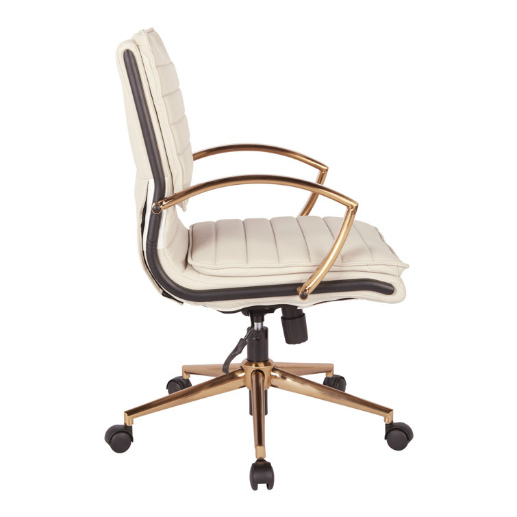 Cream Faux Leather Swivel Office Chair with Gold Accents