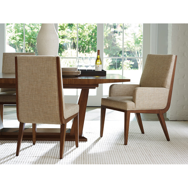 Elegant Taupe Linen Upholstered Arm Chair with Hazelnut Wood Finish