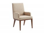 Elegant Taupe Linen Upholstered Arm Chair with Hazelnut Wood Finish