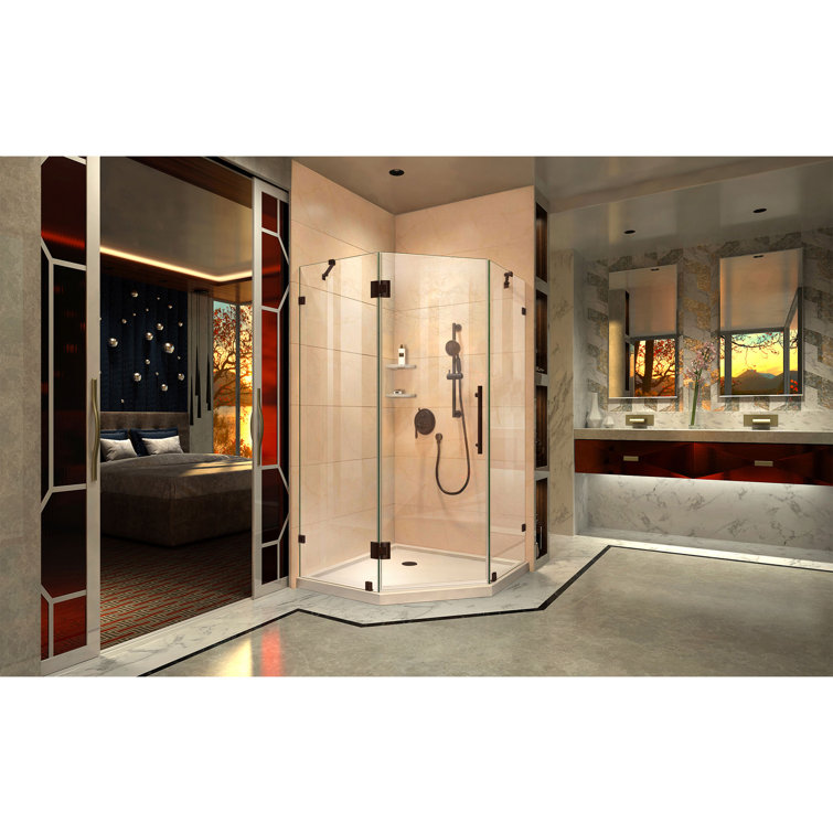 Prism Lux 36" Frameless Neo-Angle Shower Enclosure in Distressed Bronze