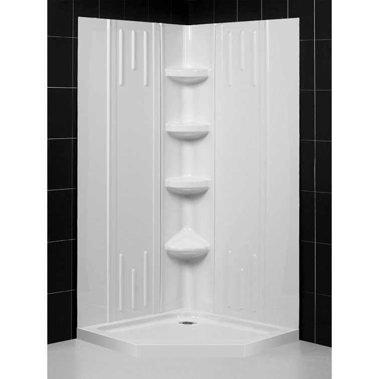White Acrylic Corner Neo-Angle Shower Kit with Shelves
