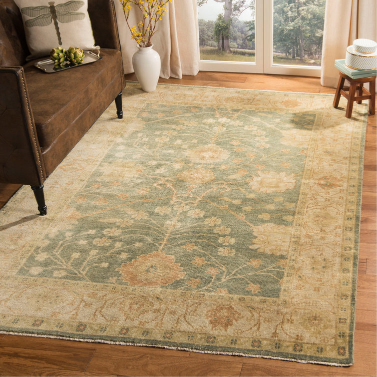 Hand-Knotted Medium Blue and Green Wool 4' x 6' Oriental Rug