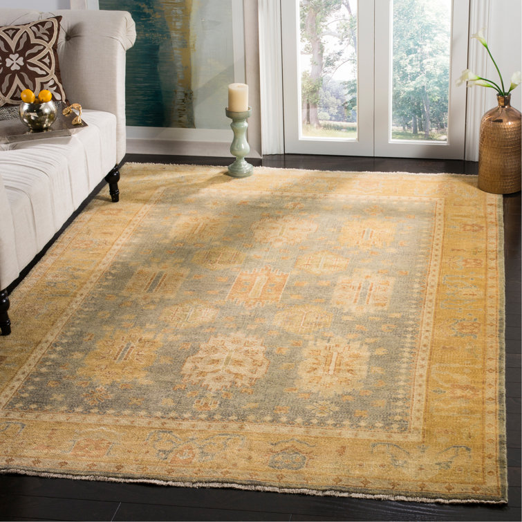 Handmade Oushak Grey and Gold Wool Rectangular Rug 9' x 12'