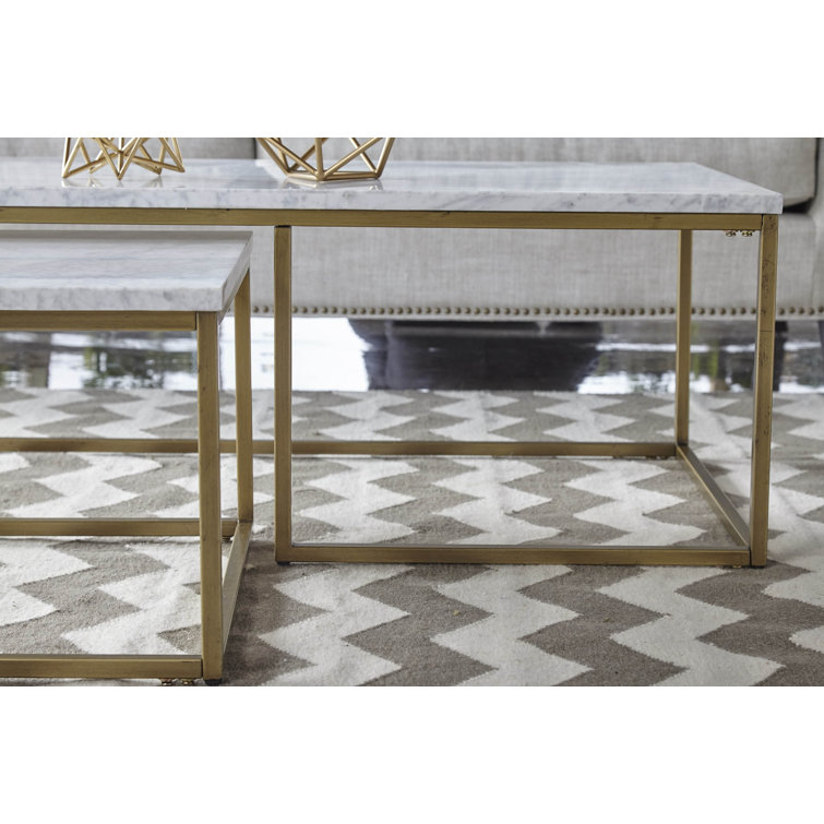 Gold and White Rectangular Marble Nesting Coffee Table Set