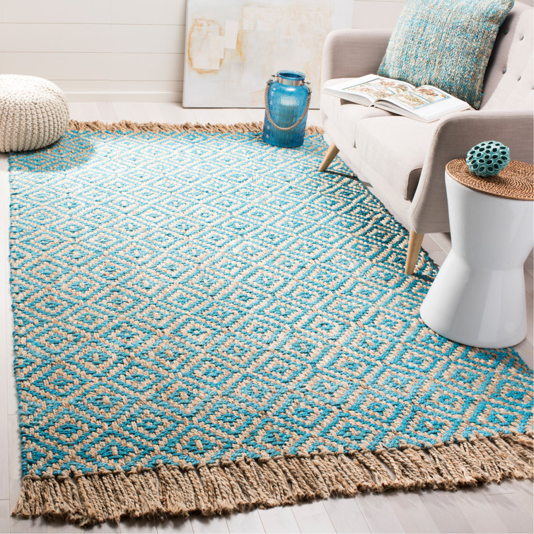 Handmade Turquoise and Natural Geometric Jute Area Rug