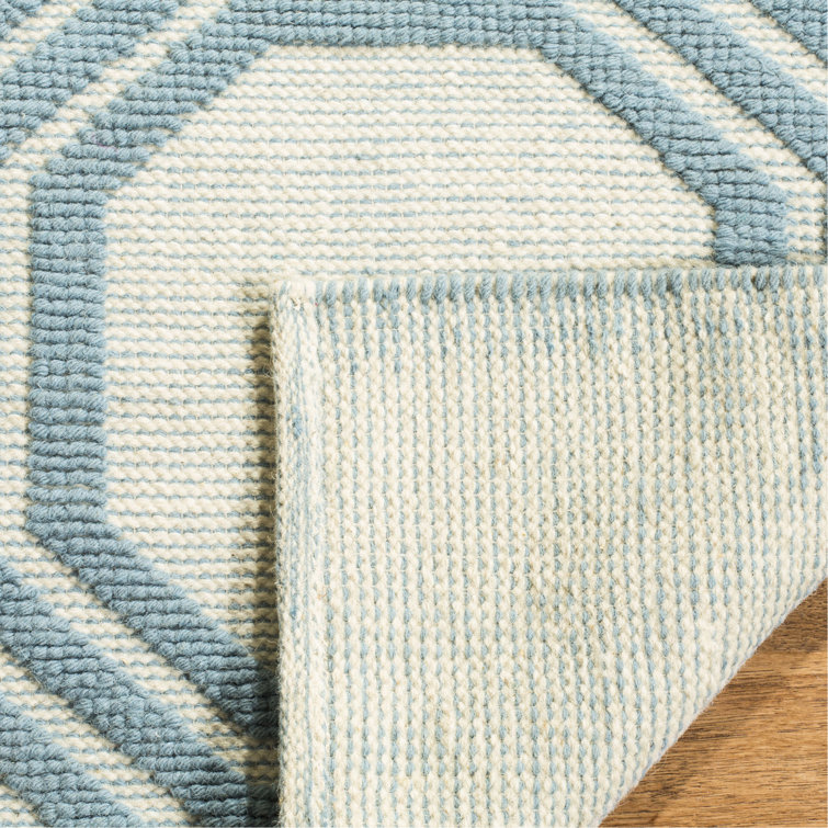 Ivory and Light Blue Geometric Wool 4' x 6' Area Rug