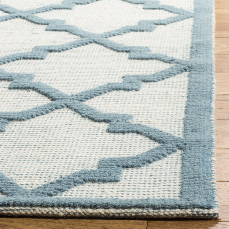 Ivory and Light Blue Geometric Wool Area Rug, 5' x 8'