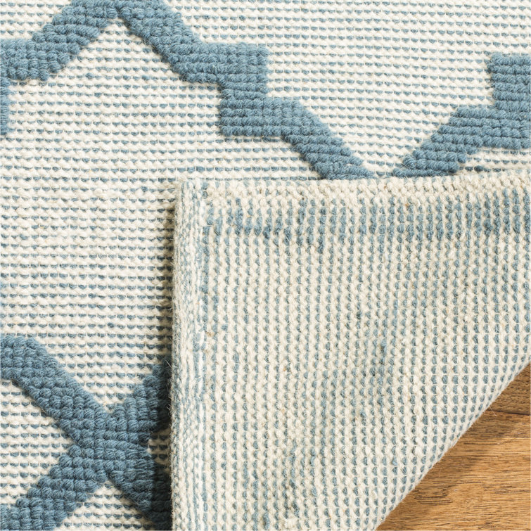 Ivory and Light Blue Geometric Wool Area Rug, 5' x 8'