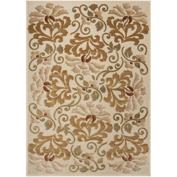 Cream and Gold Floral Viscose Chenille Area Rug