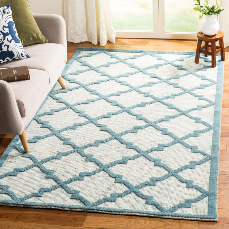 Ivory and Light Blue Geometric Wool Area Rug, 5' x 8'