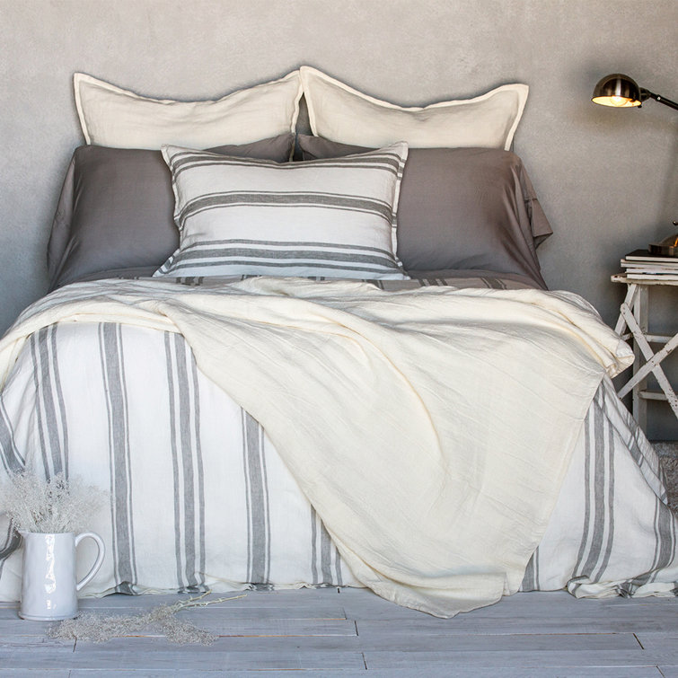Jackson Cream and Gray Striped Linen Queen Duvet Cover