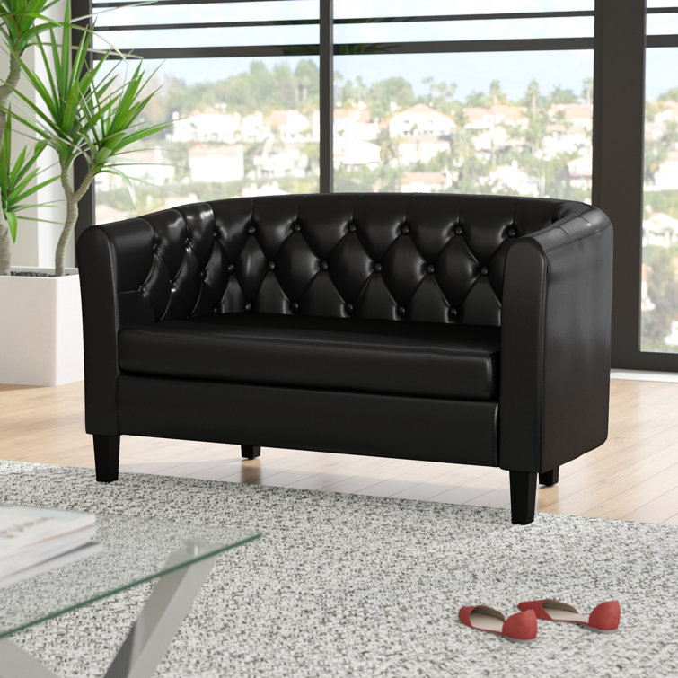 Classic Chesterfield Black Faux Leather Tufted Loveseat with Wood Legs