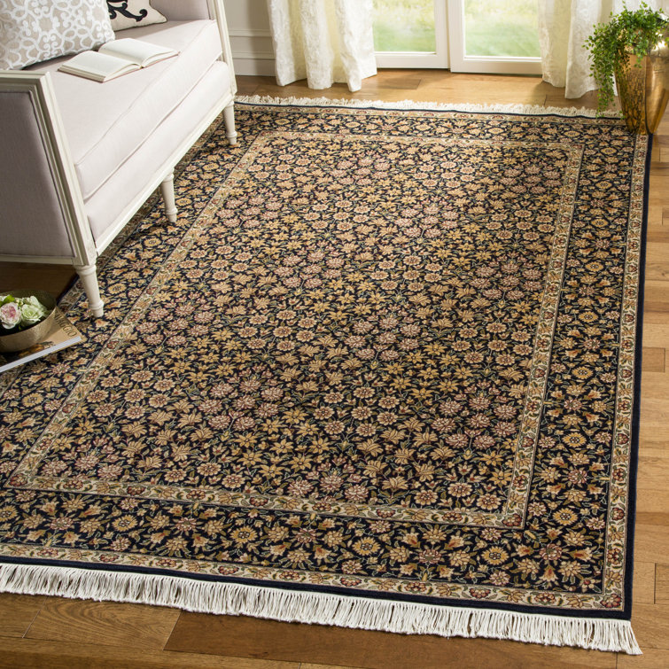 Elegant Kerman 6' x 9' Hand-Knotted Wool Rug in Red and Navy