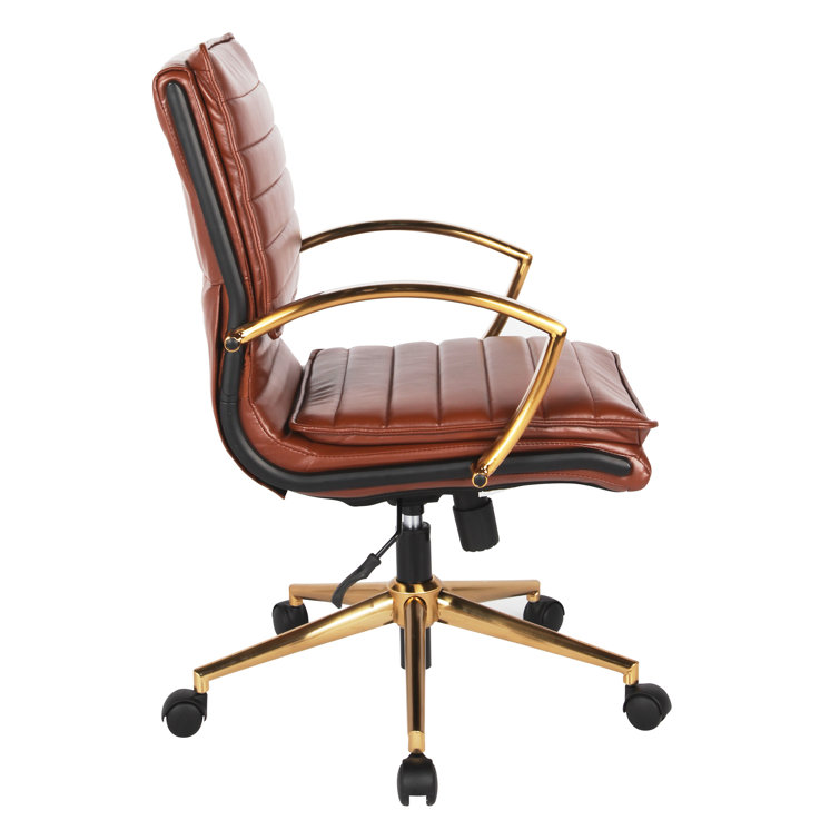 Saddle Faux Leather Mid-Back Chair with Gold Finish Base
