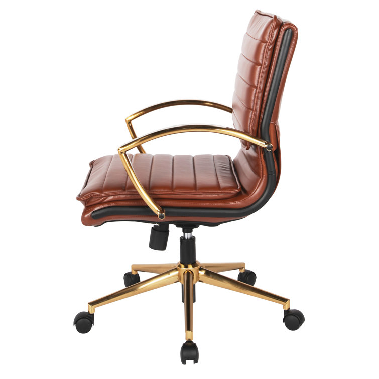 Saddle Faux Leather Mid-Back Chair with Gold Finish Base