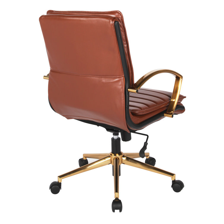 Saddle Faux Leather Mid-Back Chair with Gold Finish Base