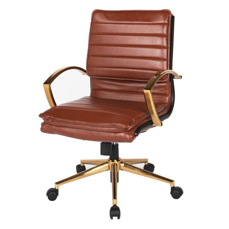 Saddle Faux Leather Mid-Back Chair with Gold Finish Base