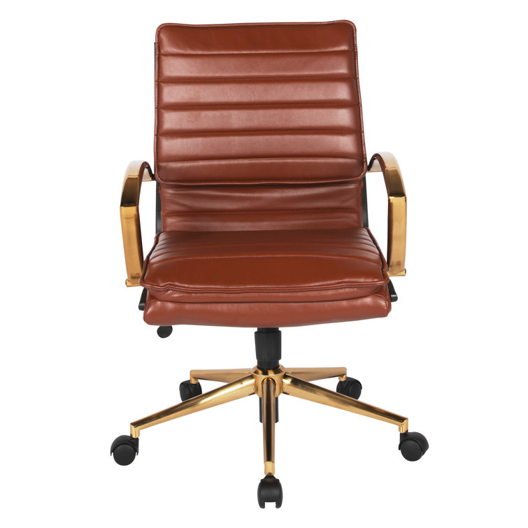 Saddle Faux Leather Mid-Back Chair with Gold Finish Base