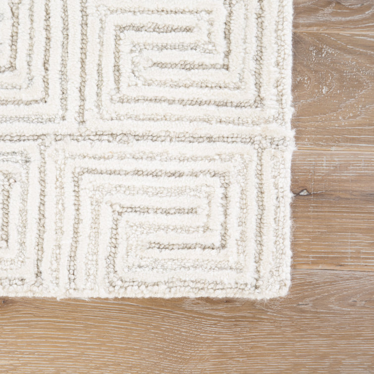 Handmade White and Gray Geometric Wool Rug 9' x 13'