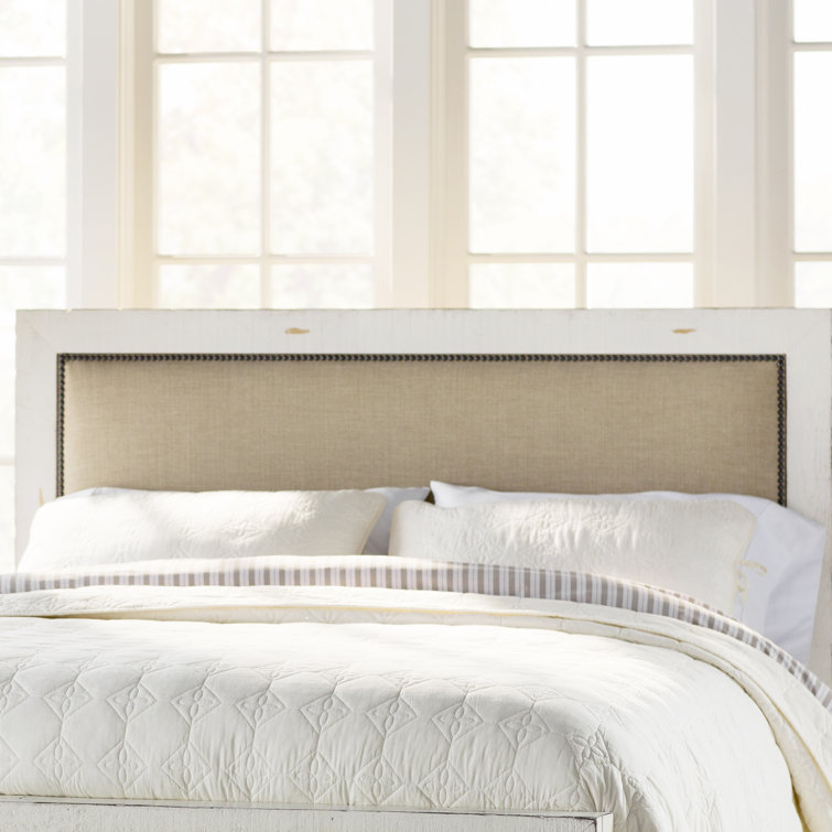 Rustic Pine Queen Bed with Linen Upholstered Headboard and Storage