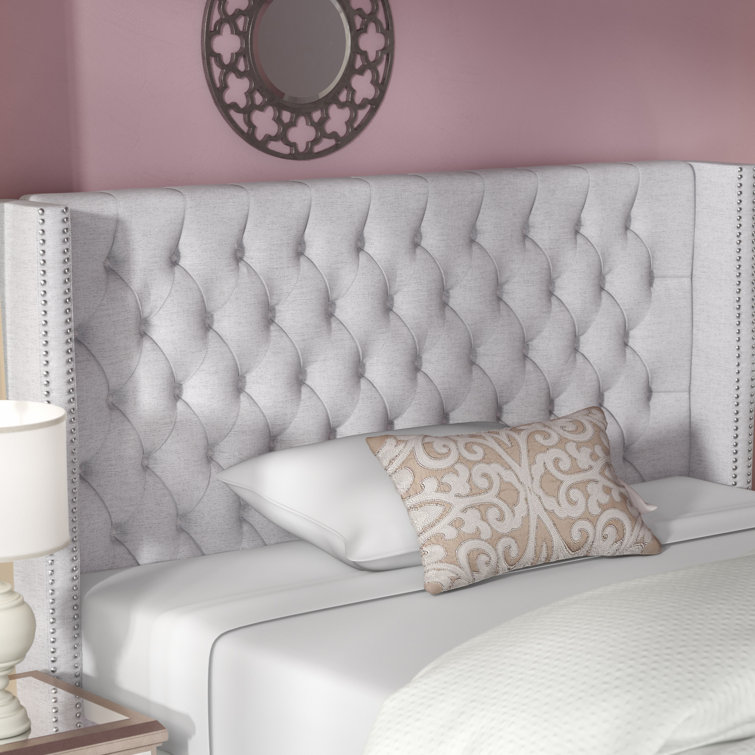 Gray King Upholstered Tufted Wingback Headboard with Nailhead Trim