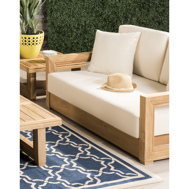 Teak and Beige Upholstered Outdoor Loveseat with Cushions