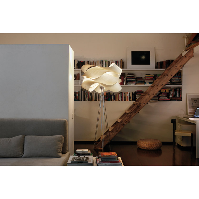 Ivory White Steel Tripod Floor Lamp with Wood Veneer Shade