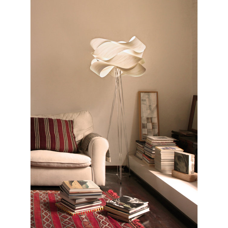 Ivory White Steel Tripod Floor Lamp with Wood Veneer Shade