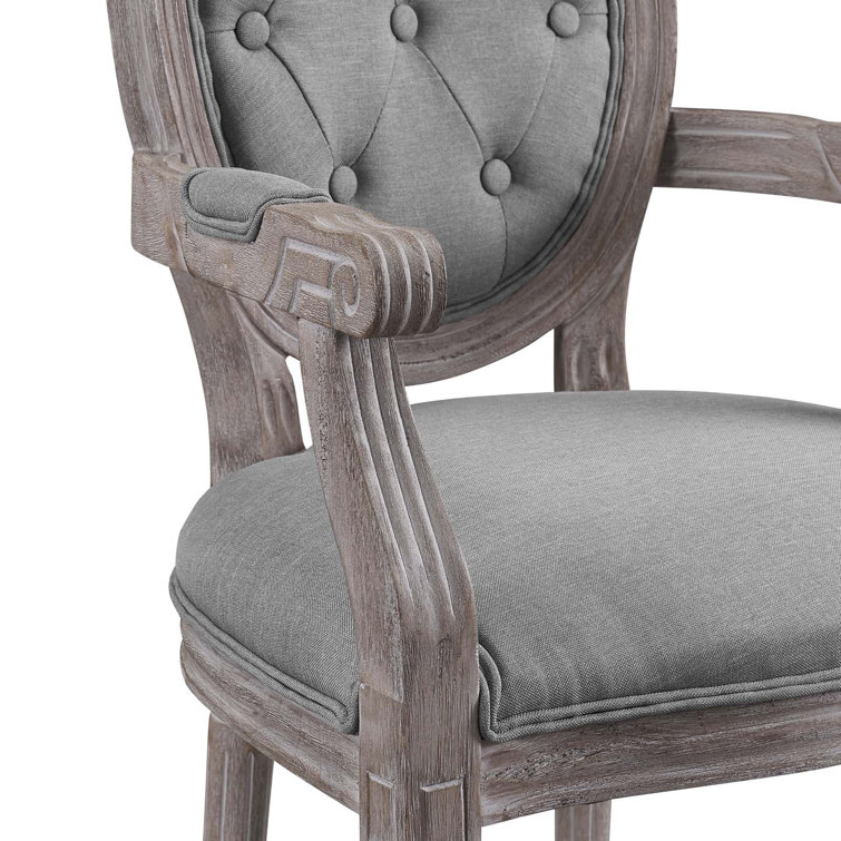 Elegant Vintage French Light Gray Upholstered Wood Arm Chair