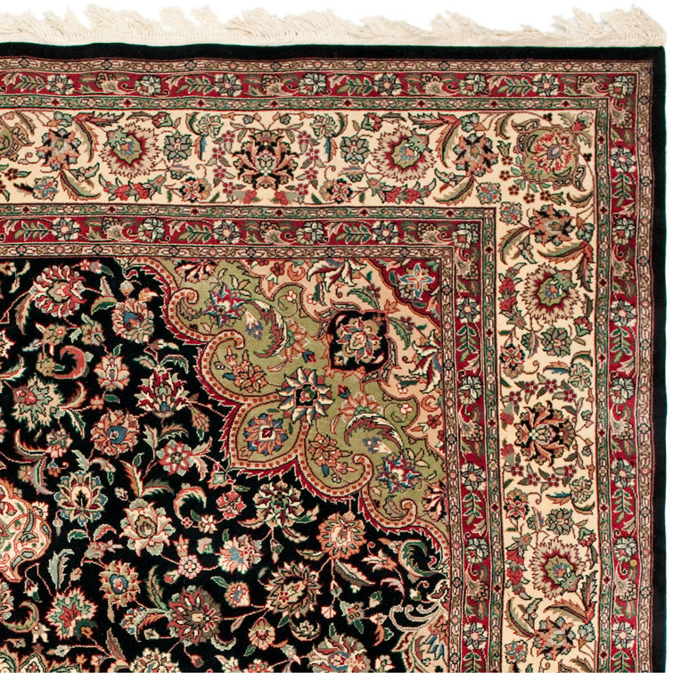 Elegant Kerman Hand-Knotted Wool Rug in Black, Brown, and Ivory - 6' x 9'