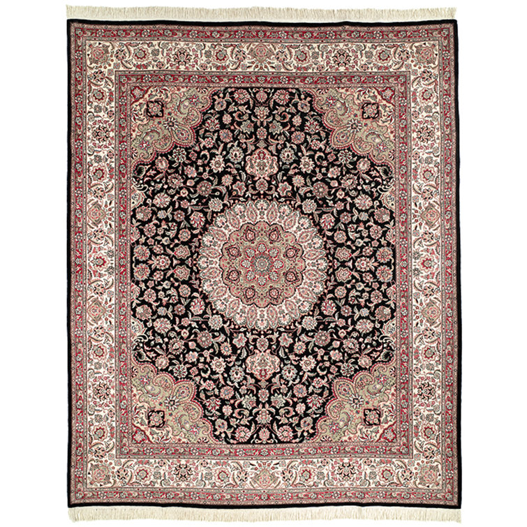 Elegant Kerman Hand-Knotted Wool Rug in Black, Brown, and Ivory - 6' x 9'
