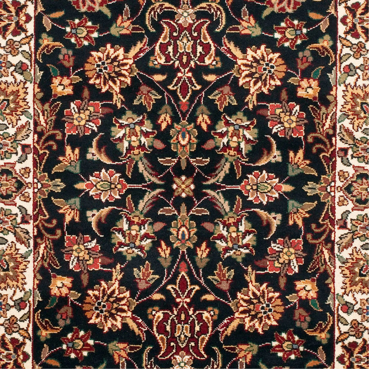 Elegant Kerman Hand-Knotted Wool Rug in Black, Brown, and Ivory - 6' x 9'