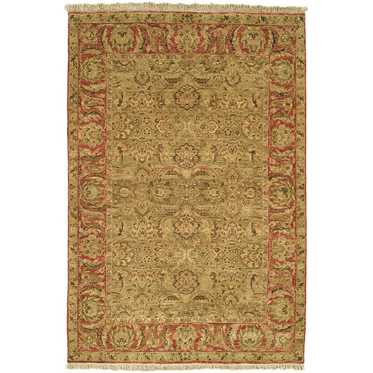 Heirloom Light Green and Rose Hand-Knotted Wool Rug 6' x 9'