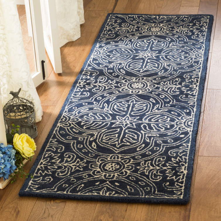 Handmade Navy and Ivory Tufted Wool Rectangular Rug 60" x 27"