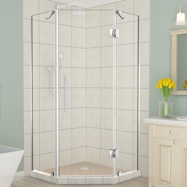 Merrick 34" x 72" Frameless Neo-Angle Hinged Shower Enclosure in Stainless Steel