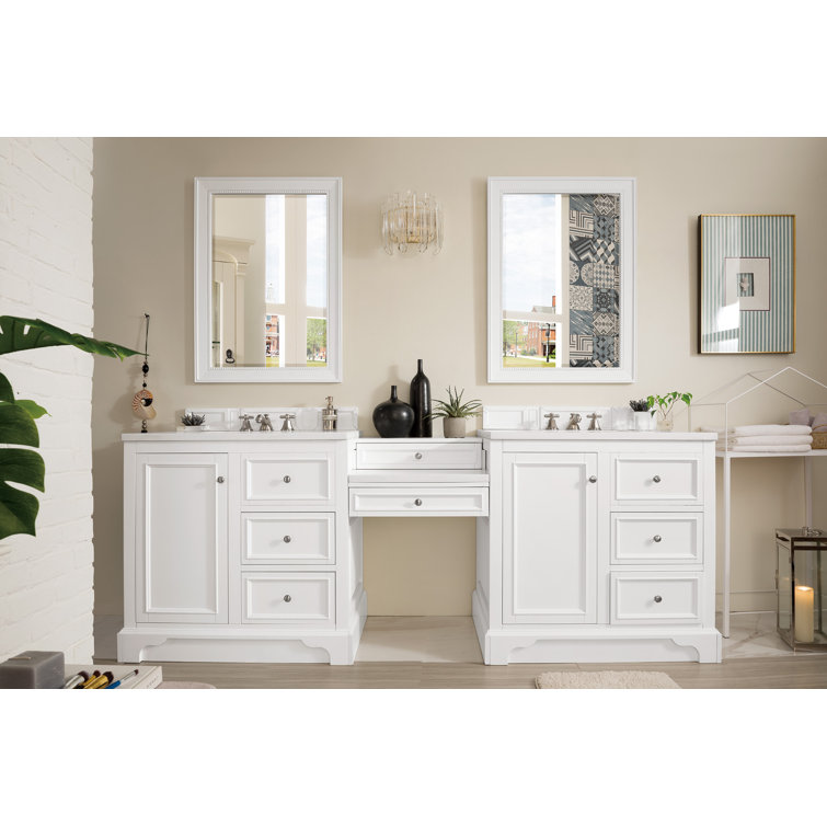 Bright White Solid Wood Double Vanity with Carrara Marble Top