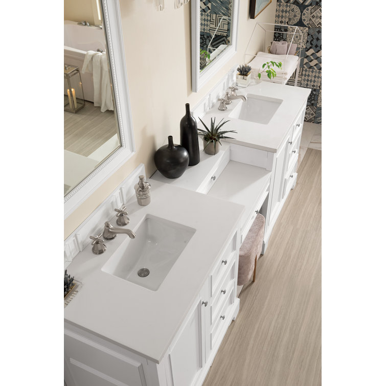 Bright White Solid Wood Double Vanity with Carrara Marble Top