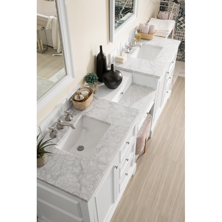 Bright White Solid Wood Double Vanity with Carrara Marble Top