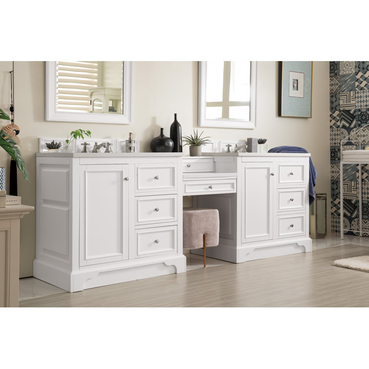 Bright White Solid Wood Double Vanity with Carrara Marble Top