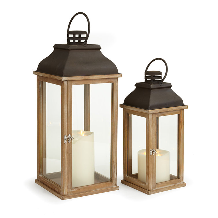 Rustic Brown Wood and Iron Hanging Candle Lantern Set